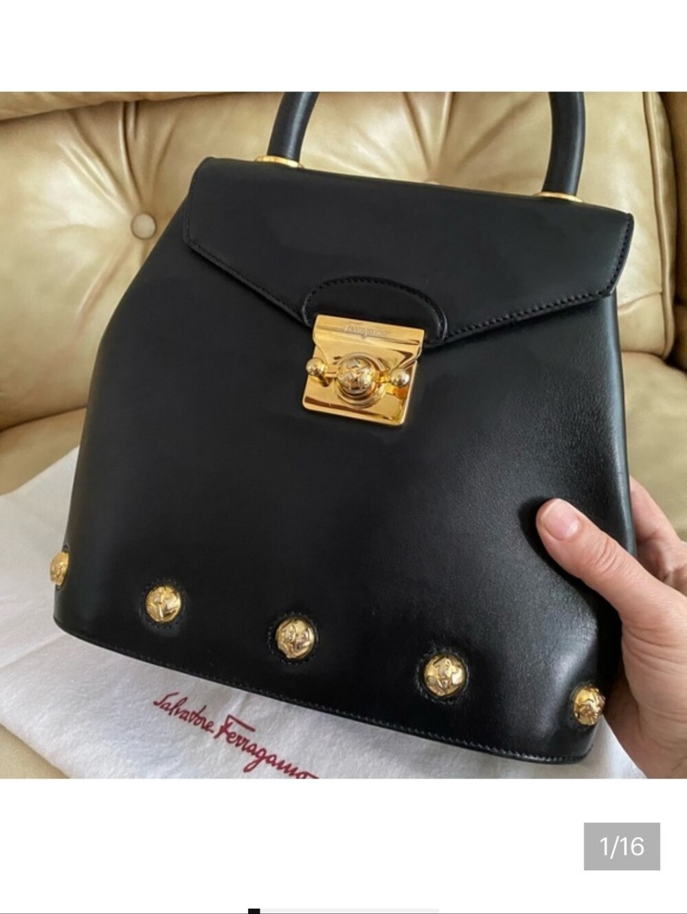Salvatore Ferragamo Satchel Leather Bag Vintage Shoe Motif Brass Studs Authentic
